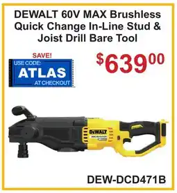 Atlas Tools & Machinery DEWALT 60V MAX Brushless Quick Change In-Line Stud & Joist Drill Bare Tool offer