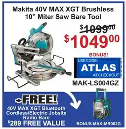 Atlas Tools & Machinery 10 Miter Saw Bare Tool Makita 40V MAX XGT Brushless offer
