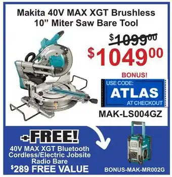 Atlas Tools & Machinery 10 Miter Saw Bare Tool Makita 40V MAX XGT Brushless offer