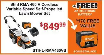 Atlas Tools & Machinery Stihl RMA 460 V Cordless Variable Speed Self-Propelled Lawn Mower Set offer