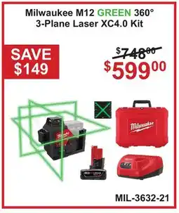 Atlas Tools & Machinery Milwaukee M12 GREEN 360° 3-Plane Laser XC4.0 Kit offer