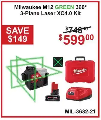 Atlas Tools & Machinery Milwaukee M12 GREEN 360° 3-Plane Laser XC4.0 Kit offer