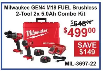 Atlas Tools & Machinery Milwaukee GEN4 M18 FUEL Brushless 2-Tool 2x 5.0Ah Combo Kit offer