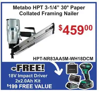 Atlas Tools & Machinery Metabo HPT 3-1/4 30° Paper Collated Framing Nailer offer