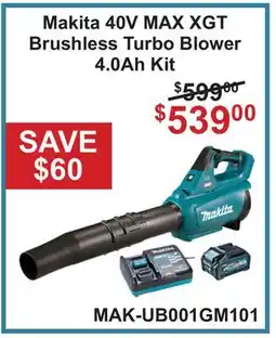 Atlas Tools & Machinery Makita 40V MAX XGT Brushless Turbo Blower 4.0Ah Kit offer