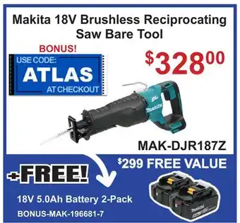 Atlas Tools & Machinery Makita 18V Brushless Reciprocating Saw Bare Tool offer