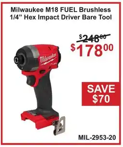 Atlas Tools & Machinery Milwaukee M18 FUEL Brushless 1/4 Hex Impact Driver Bare Tool offer