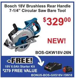 Atlas Tools & Machinery Bosch 18V Brushless Rear Handle 7-1/4 Circular Saw Bare Tool offer