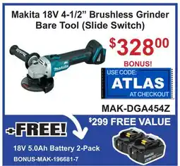 Atlas Tools & Machinery Makita 18V 4-1/2 Brushless Grinder Bare Tool (Slide Switch) offer