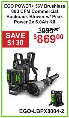 Atlas Tools & Machinery EGO POWER+ 56V Brushless 800 CFM Commercial Backpack Blower w/ Peak Power 2x 6.0Ah Kit offer