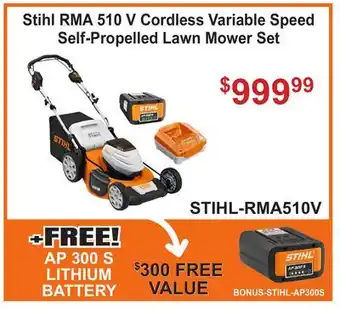 Atlas Tools & Machinery Stihl RMA 510 V Cordless Variable Speed Self-Propelled Lawn Mower Set offer