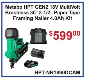 Atlas Tools & Machinery Metabo HPT GEN2 18V MultiVolt Brushless 30° 3-1/2 Paper Tape Framing Nailer 4.0Ah Kit offer