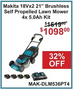 Atlas Tools & Machinery Makita 18Vx2 21 Brushless Self Propelled Lawn Mower 4x 5.0Ah Kit offer