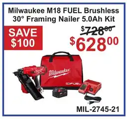 Atlas Tools & Machinery Milwaukee M18 FUEL Brushless 30° Framing Nailer 5.0Ah Kit offer