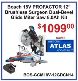 Atlas Tools & Machinery Bosch 18V PROFACTOR 12 Brushless Surgeon Dual-Bevel Glide Miter Saw 8.0Ah Kit offer