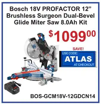 Atlas Tools & Machinery Bosch 18V PROFACTOR 12 Brushless Surgeon Dual-Bevel Glide Miter Saw 8.0Ah Kit offer