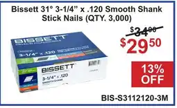Atlas Tools & Machinery Bissett 31° 3-1/4 x .120 Smooth Shank Stick Nails (QTY. 3,000) offer