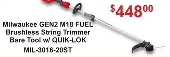 Atlas Tools & Machinery Milwaukee GEN2 M18 FUEL Brushless String Trimmer Bare Tool w/ QUIK-LOK offer