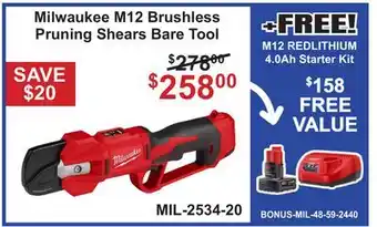 Atlas Tools & Machinery Milwaukee M12 Brushless Pruning Shears Bare Tool offer