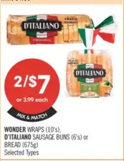 Shoppers Drug Mart WONDER WRAPS (10's), D'ITALIANO SAUSAGE BUNS (6's) or BREAD (675g) offer
