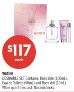 Shoppers Drug Mart WATIER DESIRABLE SET Contains: Desirable (100mL), Eau de Toilette (50mL) and Body Veil (10mL) offer