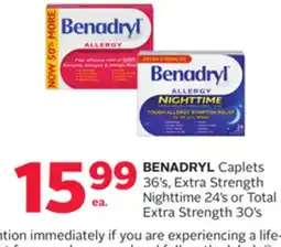 Rexall BENADRYL Caplets 36' s, Extra Strength Nighttime 24' s or Total Extra Strength 30' s offer