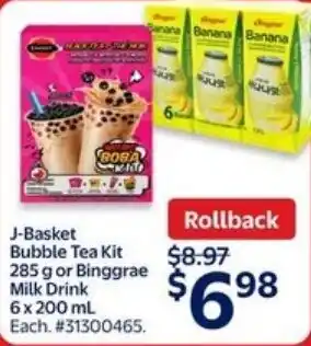 Walmart J-basket bubble tea kit or binggrae milk drink offer