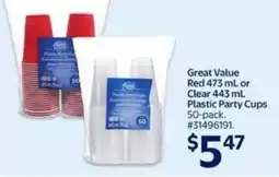 Walmart Great value red or clear plastic party cups offer