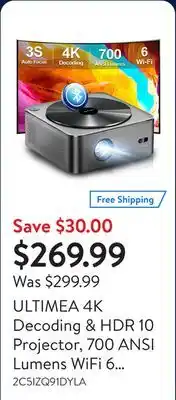Walmart ULTIMEA 4K Decoding & HDR 10 Projector, 700 ANSI Lumens WiFi 6 Bluetooth Projector offer