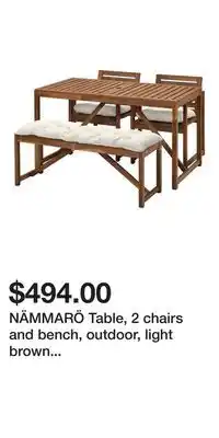 IKEA NÄMMARÖ Table, 2 chairs and bench, outdoor, light brown stained/Kuddarna light gray-beige offer