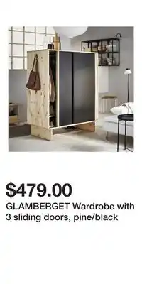IKEA GLAMBERGET Wardrobe with 3 sliding doors, pine/black offer