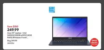 Staples Asus 14 Laptop - Intel N4500/128GB eMMC/4GB RAM/Windows 11 with 1-year of Microsoft 365 offer