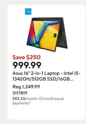 Staples Asus 16 2-in-1 Laptop - Intel i5-13420H/512GB SSD/16GB RAM/Touchscreen/Windows 11 Home offer