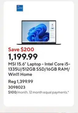 Staples MSI 15.6 Laptop - Intel Core i5-1335U/512GB SSD/16GB RAM/Win11 Home offer