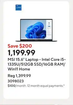 Staples MSI 15.6 Laptop - Intel Core i5-1335U/512GB SSD/16GB RAM/Win11 Home offer