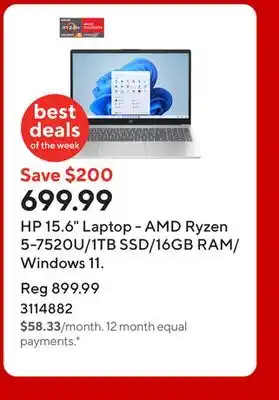 Staples HP 15.6 Laptop - AMD Ryzen 5-7520U/1TB SSD/16GB RAM/Windows 11 offer
