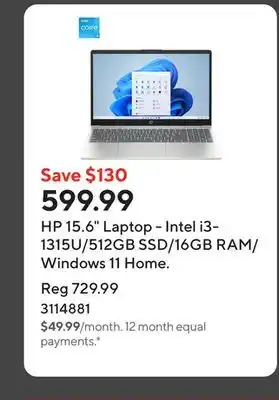 Staples HP 15.6 Laptop - Intel i3-1315U/512GB SSD/16GB RAM/Windows 11 Home offer