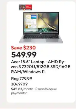 Staples Acer 15.6 Laptop - AMD Ryzen 3 7320U/512GB SSD/16GB RAM/Windows 11 offer