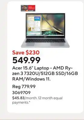 Staples Acer 15.6 Laptop - AMD Ryzen 3 7320U/512GB SSD/16GB RAM/Windows 11 offer
