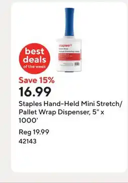 Staples Staples Hand-Held Mini Stretch/Pallet Wrap Dispenser, 5 x 1000' offer