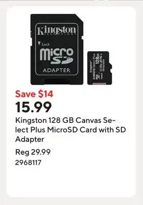 Staples Kingston 128 GB Canvas Select Plus MicroSD Card with SD Adapter offer