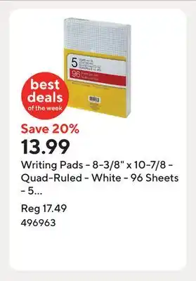 Staples Writing Pads - 8-3/8 x 10-7/8 - Quad-Ruled - White - 96 Sheets - 5 Pack offer