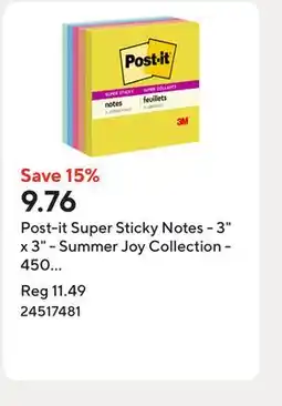 Staples Post-it Super Sticky Notes - 3 x 3 - Summer Joy Collection - 450 Sheets - 5 pk offer
