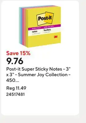 Staples Post-it Super Sticky Notes - 3 x 3 - Summer Joy Collection - 450 Sheets - 5 pk offer