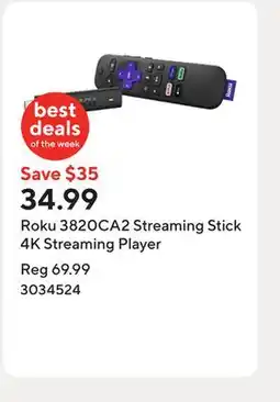 Staples Roku 3820CA2 Streaming Stick 4K Streaming Player offer