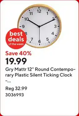 Staples Gry Mattr 12 Round Contemporary Plastic Silent Ticking Clock - Wood Grain Effect offer