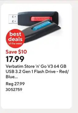 Staples Verbatim Store 'n' Go V3 64 GB USB 3.2 Gen 1 Flash Drive - Red/Blue - 2 Pack offer