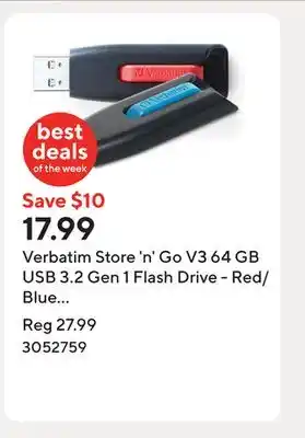 Staples Verbatim Store 'n' Go V3 64 GB USB 3.2 Gen 1 Flash Drive - Red/Blue - 2 Pack offer