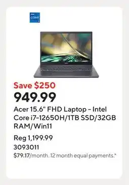 Staples Acer 15.6 FHD Laptop - Intel Core i7-12650H/1TB SSD/32GB RAM/Win11 offer