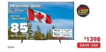 Visions Electronics Hisense 85 QD7N Smart TV offer